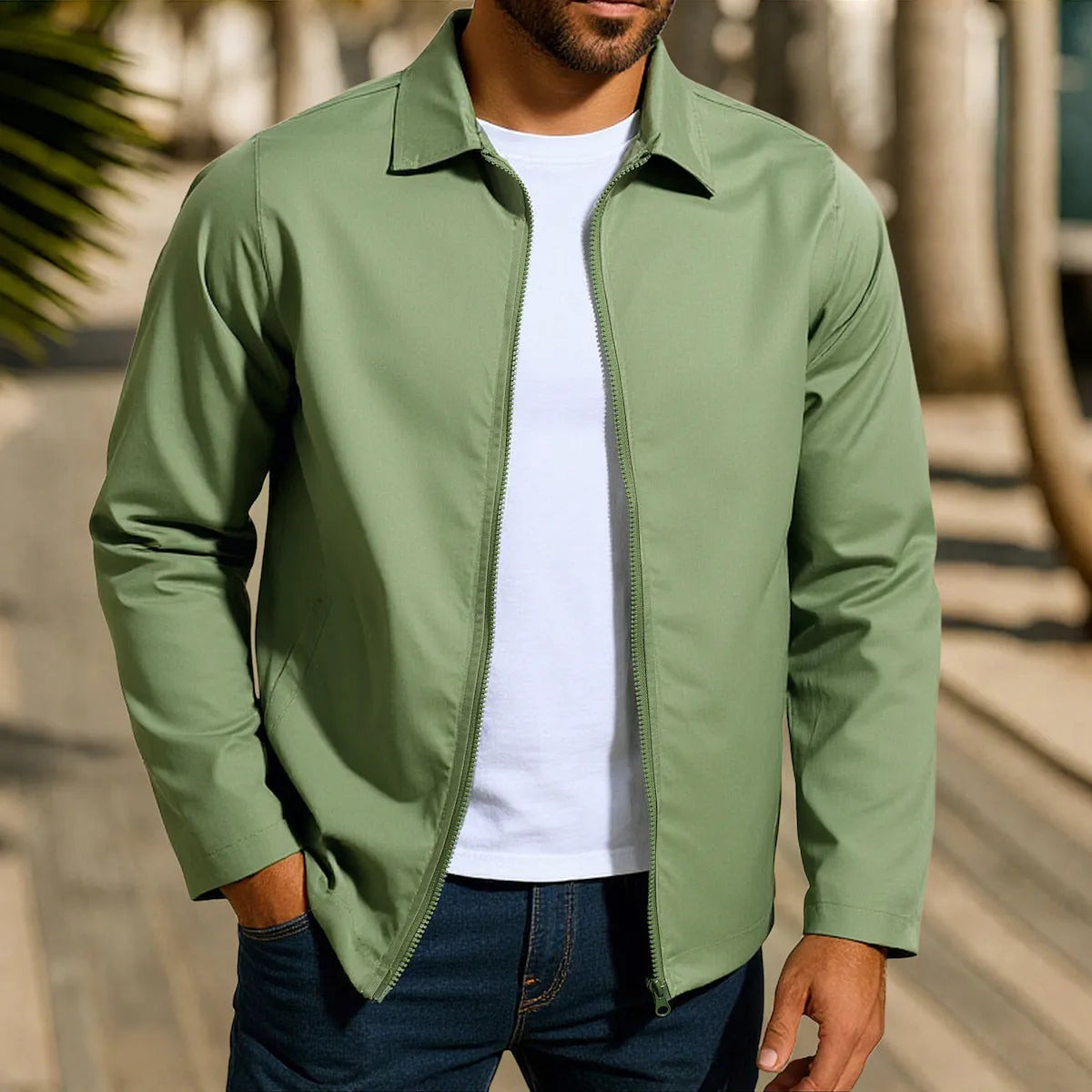 Men's green zipper cardigan jacket with raglan sleeves laid flat.
