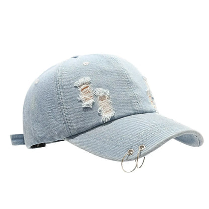 Men's adjustable denim baseball cap with dome crown in black, white or light blue