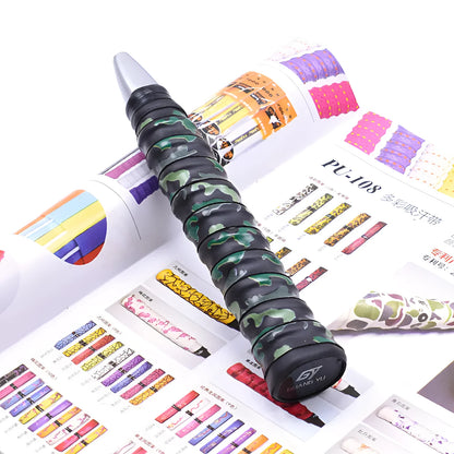 Roll of PU camouflage print grip tape for badminton racket, fishing rod and table tennis bat handles.