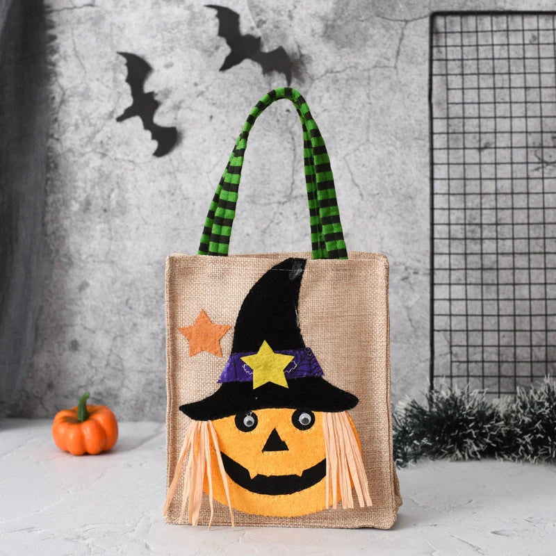 Funny Halloween Candy Tote Bag for Kids featuring witch, skull, and pumpkin designs