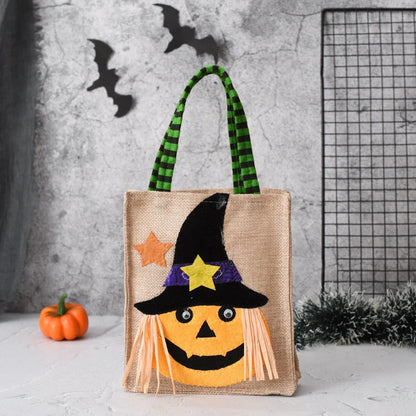 Funny Halloween Candy Tote Bag for Kids featuring witch, skull, and pumpkin designs