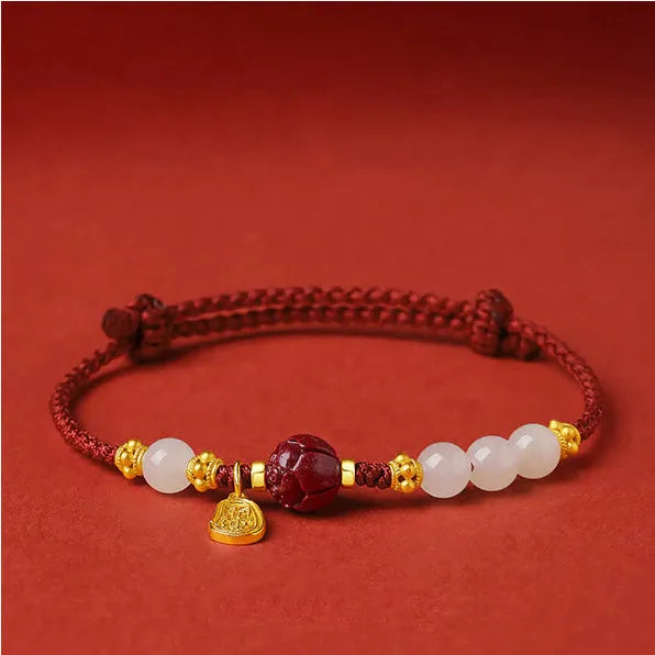 Women's adjustable bracelet with Hetian jade, cinnabar red rope and 925 silver chain