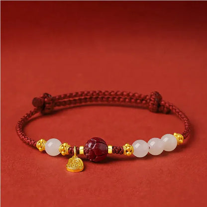 Women's adjustable bracelet with Hetian jade, cinnabar red rope and 925 silver chain