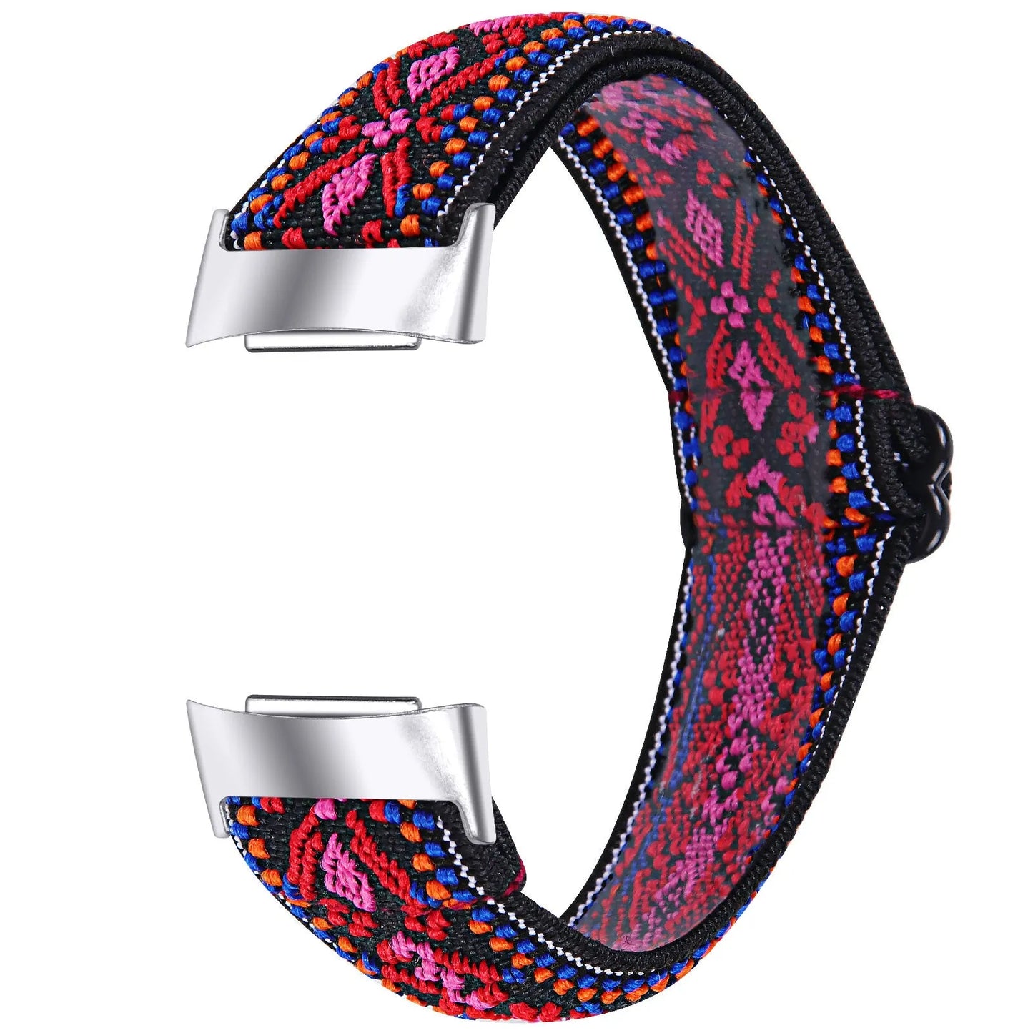 Printed elastic watch strap for Fitbit Charge 6 with adjustable sizing and multiple colour options