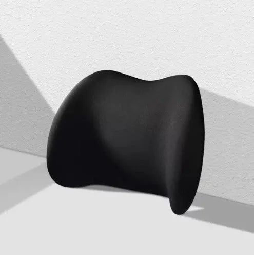 Black memory cotton car headrest cushion and matching lumbar support pillow on a car seat.