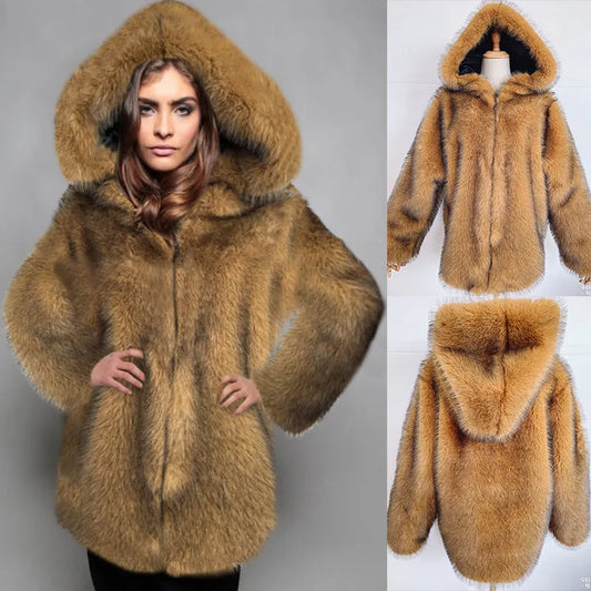 Women's loose trendy mid-length artificial fur coat in silver grey colour with regular sleeves