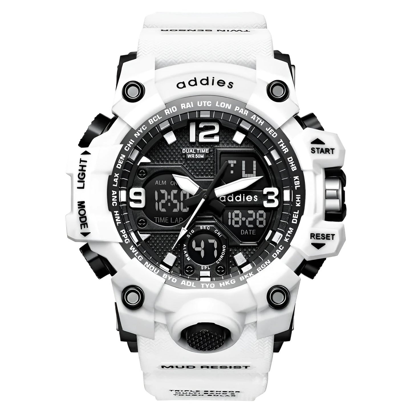 Men's electronic sports watch with dual display and stainless steel buckle in black, red, white and transparent white options