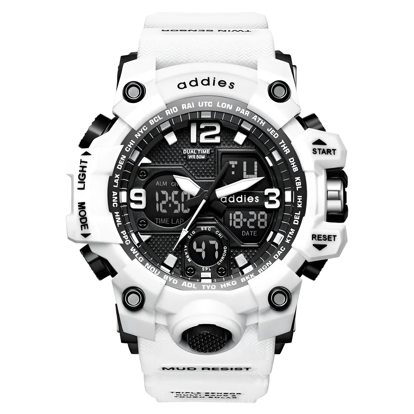 Men's electronic sports watch with dual display and stainless steel buckle in black, red, white and transparent white options