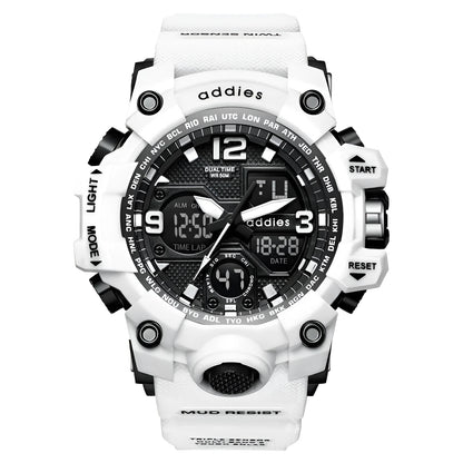 Men's electronic sports watch with dual display and stainless steel buckle in black, red, white and transparent white options