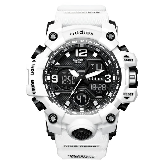 Men's electronic sports watch with dual display and stainless steel buckle in black, red, white and transparent white options