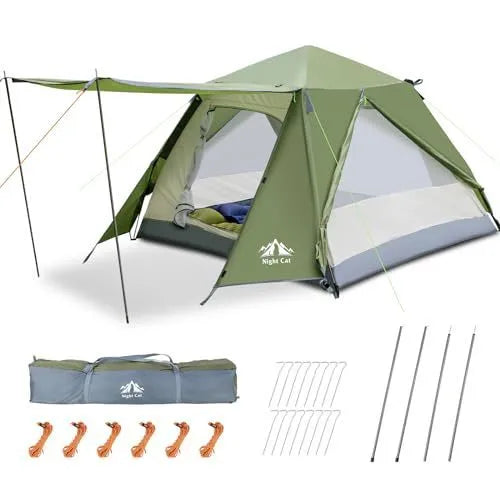 Dark green automatic pop-up camping tent set up in woodland with 2.9m length and 1.15m height showing rainfly and inner tent