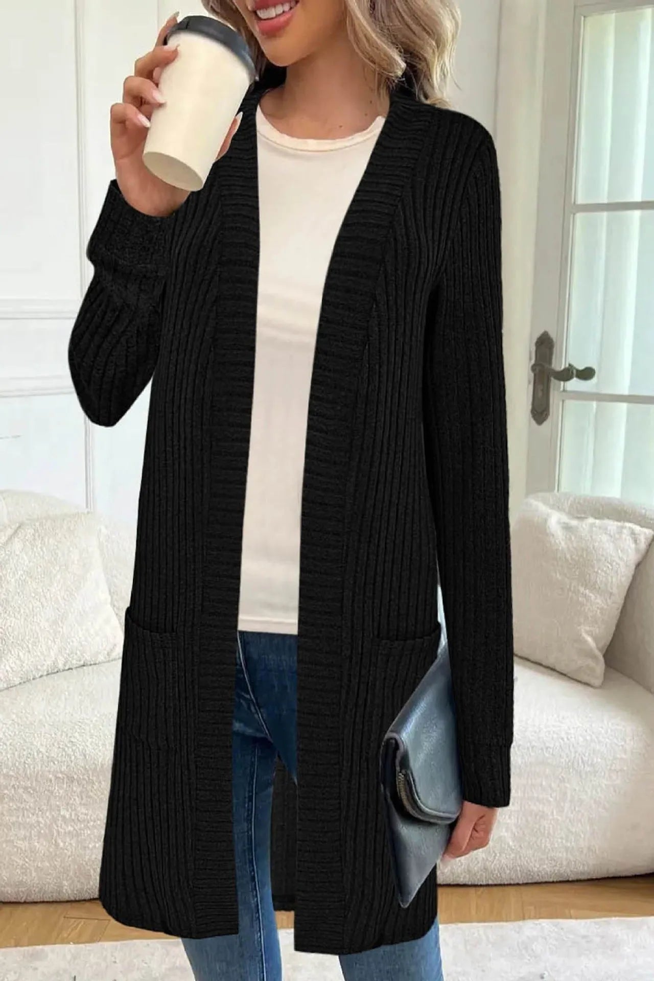 A loose-fit long sleeve knitted cardigan jacket with pockets, shown in black, grey, or wine red.