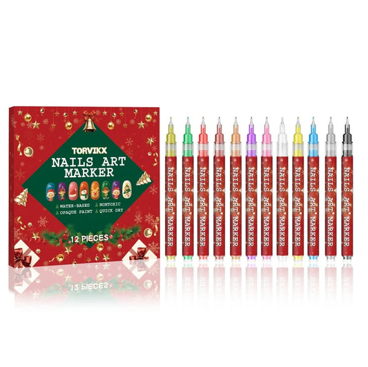 Christmas manicure graffiti pen set with 12 assorted colours showing 0.5mm precision tip and festive nail art designs