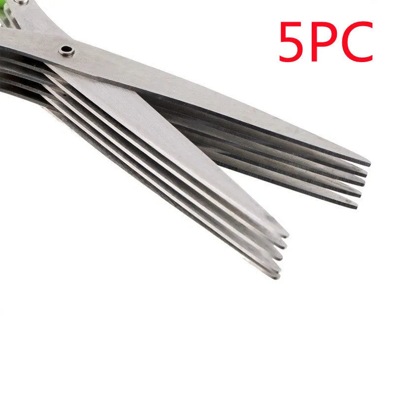 Green stainless steel multi-layer V-shaped kitchen scissors for cutting onions and herbs.