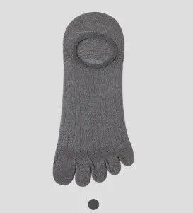 Pair of solid colour modal five-finger boat socks laid flat, showing individual toe compartments and low-cut design.