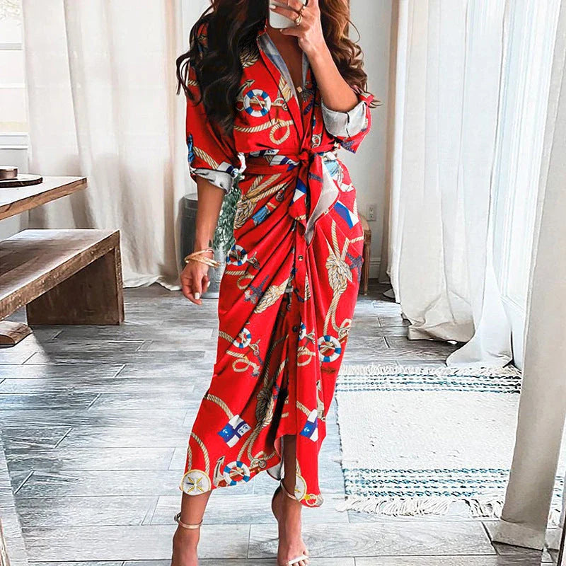 Elegant Floral Print Lace-Up Maxi Dress with Deep V-Neck, Long Sleeves, and Flattering Silhouette