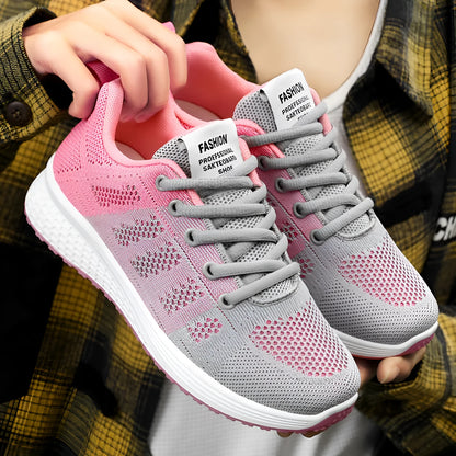 Women's Fly-knit running sneakers in black, rose red, or gray pink with soft bottom and flat heel.