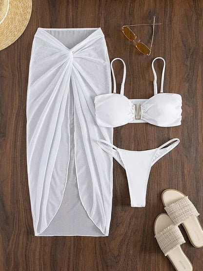 Three-piece bikini set with long culottes skirt in French style solid colour design