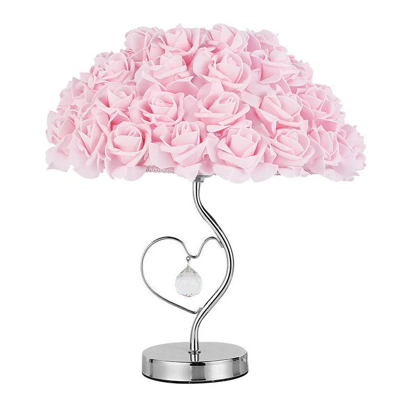 Rose heart-shaped table lamp with metal base in blue colour, measuring 44cm tall