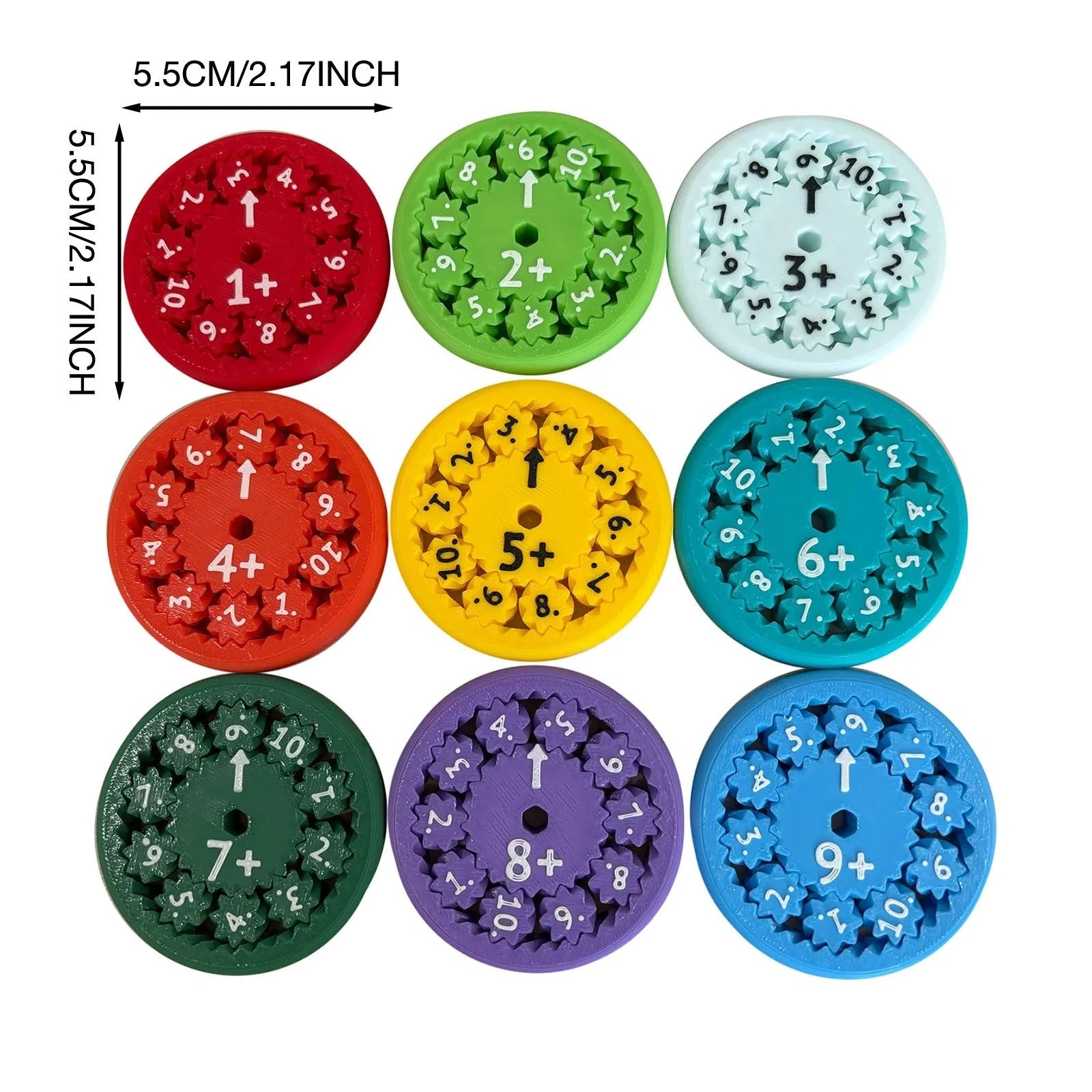 Colorful math fact fidget spinners with addition, subtraction, multiplication, and division equations for interactive learning and math practice