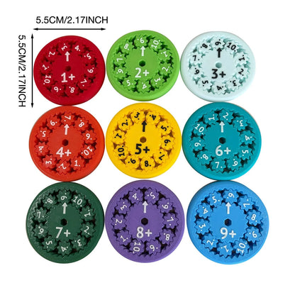 Colorful math fact fidget spinners with addition, subtraction, multiplication, and division equations for interactive learning and math practice