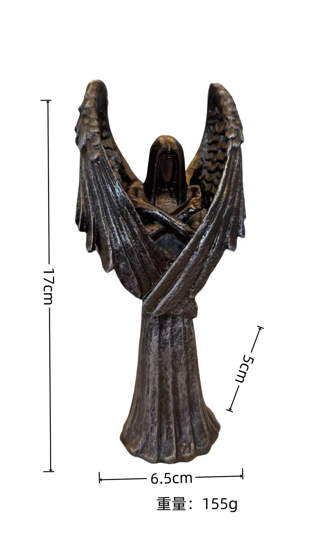 Dark Angel resin statue ornament measuring 6.5 by 5 by 17 centimetres on a wooden surface.