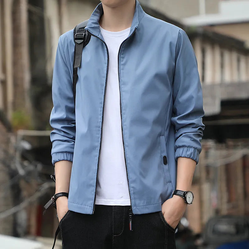 Korean-style loose lapel autumn jacket in black, grey, blue, dark blue, or navy blue with zipper pockets
