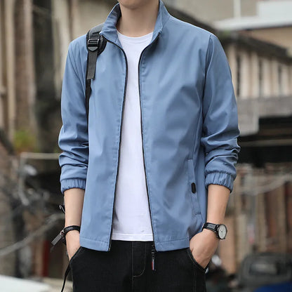Korean-style loose lapel autumn jacket in black, grey, blue, dark blue, or navy blue with zipper pockets