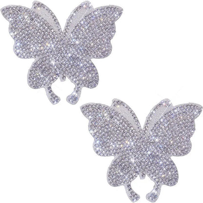 7x6cm diamond-encrusted glass car sticker showing butterfly and bear paw designs with strong adhesion backing