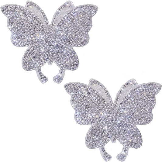 7x6cm diamond-encrusted glass car sticker showing butterfly and bear paw designs with strong adhesion backing
