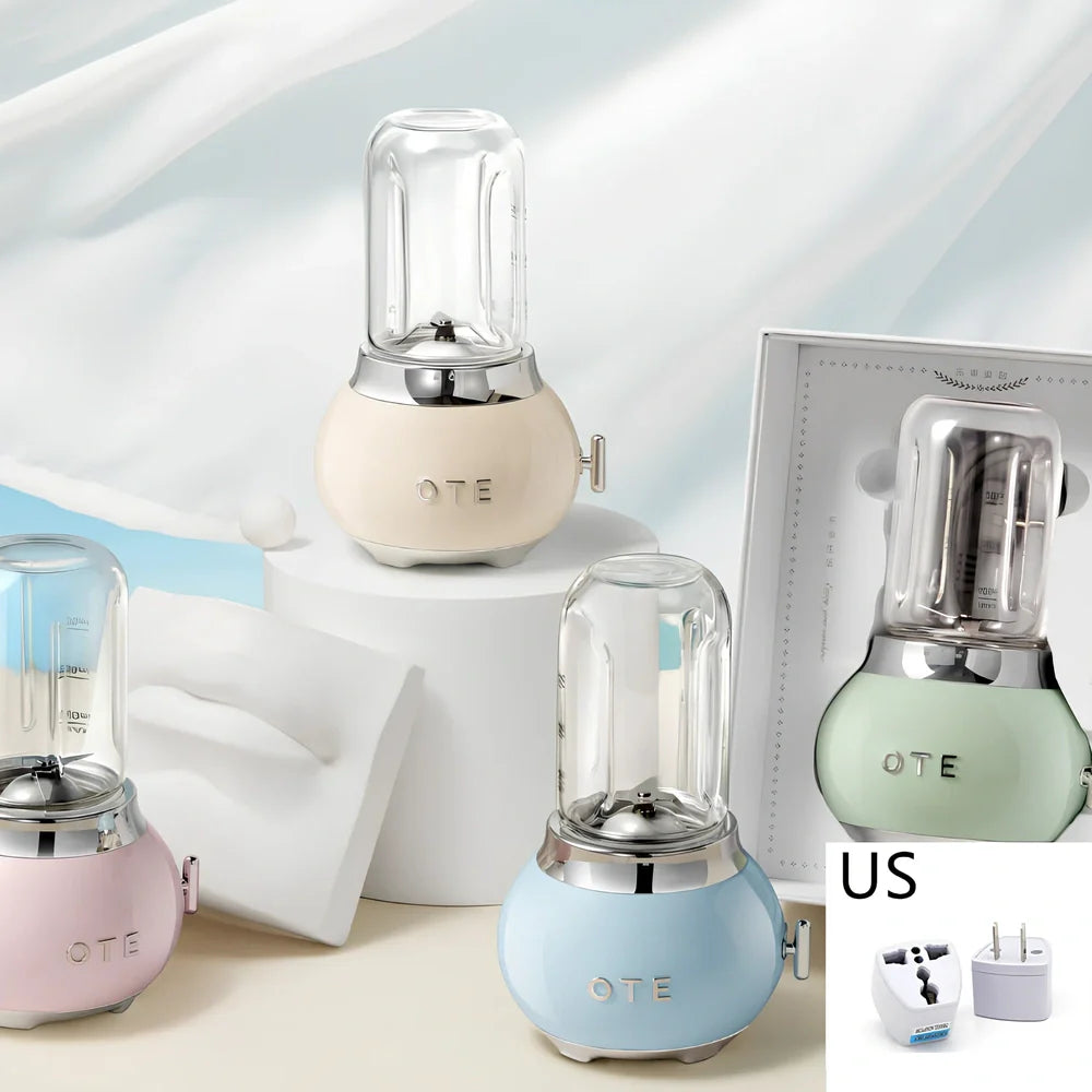 Small portable fruit juicer in blue with 400mL capacity cup and charging cable