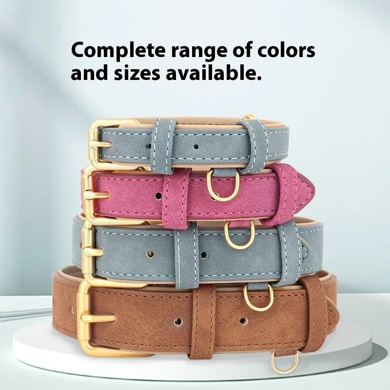 Double-layer leather dog collar with mohair lining in rose red, brown, or blue, adjustable for dogs 7-65 pounds, includes traction rope