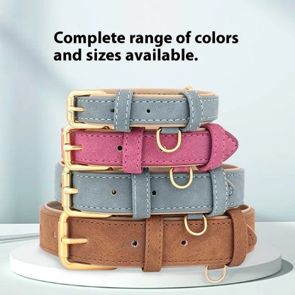 Double-layer leather dog collar with mohair lining in rose red, brown, or blue, adjustable for dogs 7-65 pounds, includes traction rope