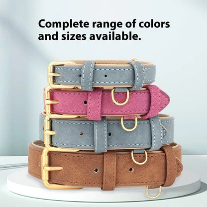 Double-layer leather dog collar with mohair lining in rose red, brown, and blue colours with matching lead