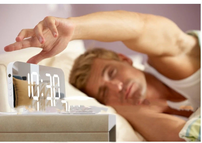 Digital Mirror Clock with LED display and dual USB ports in white and black options