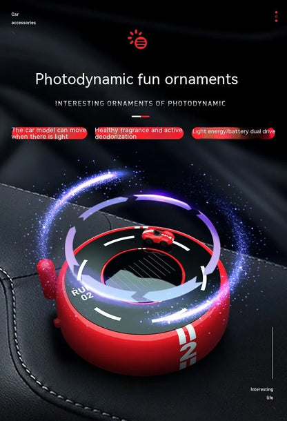 Round car-shaped solar aromatherapy decoration in black colour with USB charging cable