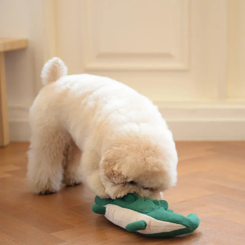 Green plush toy dog measuring 35cm with durable construction for pet play