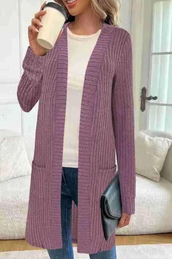 A loose-fit long sleeve knitted cardigan jacket with pockets, shown in black, grey, or wine red.