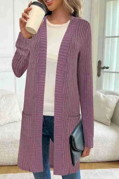 A loose-fit long sleeve knitted cardigan jacket with pockets, shown in black, grey, or wine red.