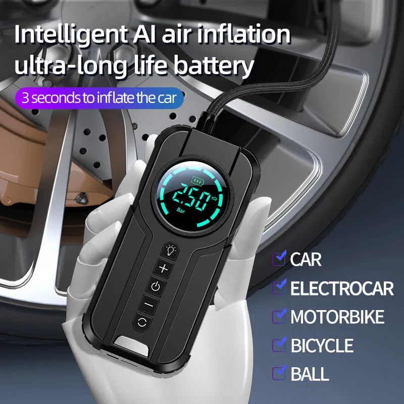 Wireless Portable Vehicle Air Pump with 6000mAh Battery: High-power 12V Inflation for Car Tyres, Bikes, and Sports Equipment with 3m Power Cable and Multiple Nozzles
