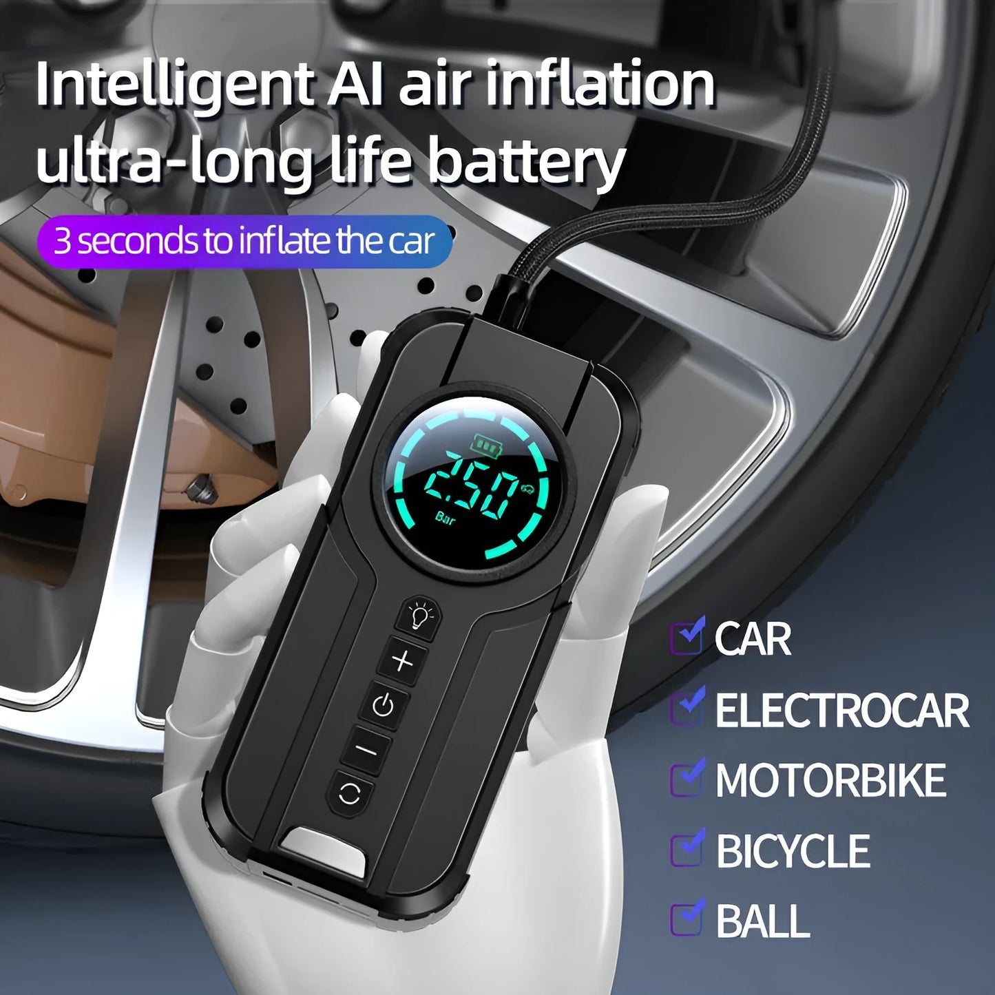 Wireless portable vehicle air pump with 6000mAh battery, 3m power cord, and 13cm inflatable pipe on a grey background