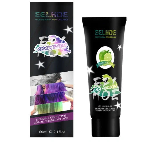 Thermochromic hair dye cream that changes color at 18°C, available in green yellow and black silver