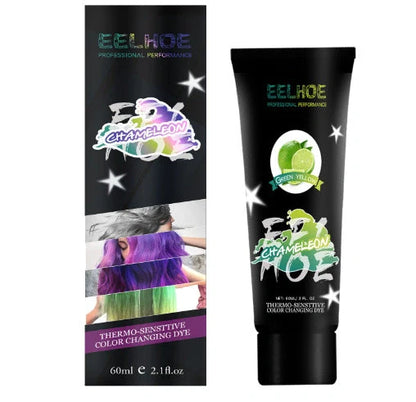 Thermochromic hair dye cream that changes color at 18°C, available in green yellow and black silver