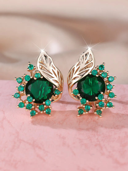 Round flower and feather design earrings in champagne gold with a choice of coloured zircon stones.