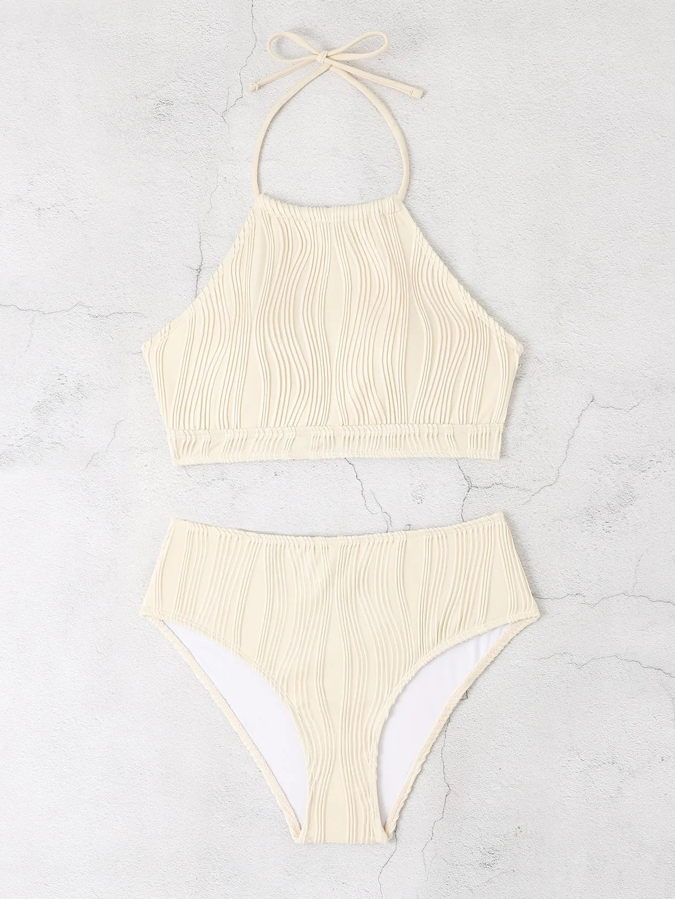Women's conservative high-waist apron swimwear two-piece set in solid colour