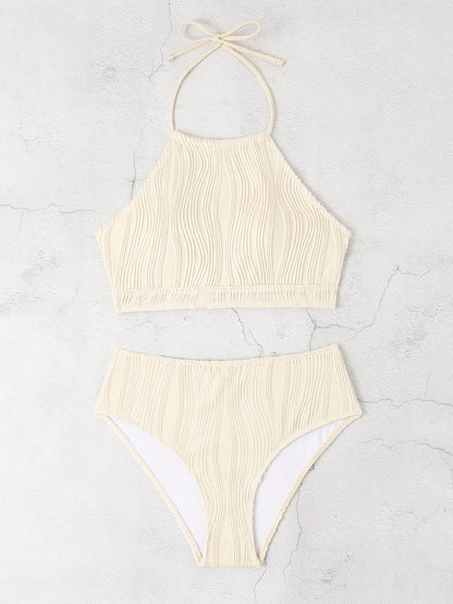 Women's conservative high-waist apron swimwear two-piece set in solid colour