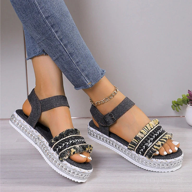 Women's denim tassel sandals with thick flat heel and hemp rope sole in black and blue
