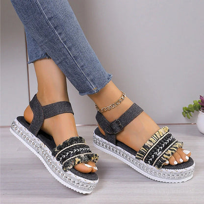 Women's denim tassel sandals with thick flat heel and hemp rope sole in black and blue