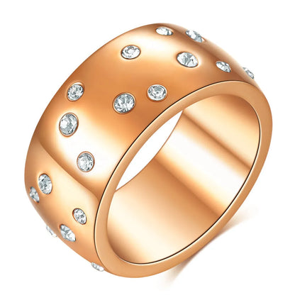 Geometric titanium steel women's couple ring with diamond treatment in black, gold, rose gold, and steel colours.