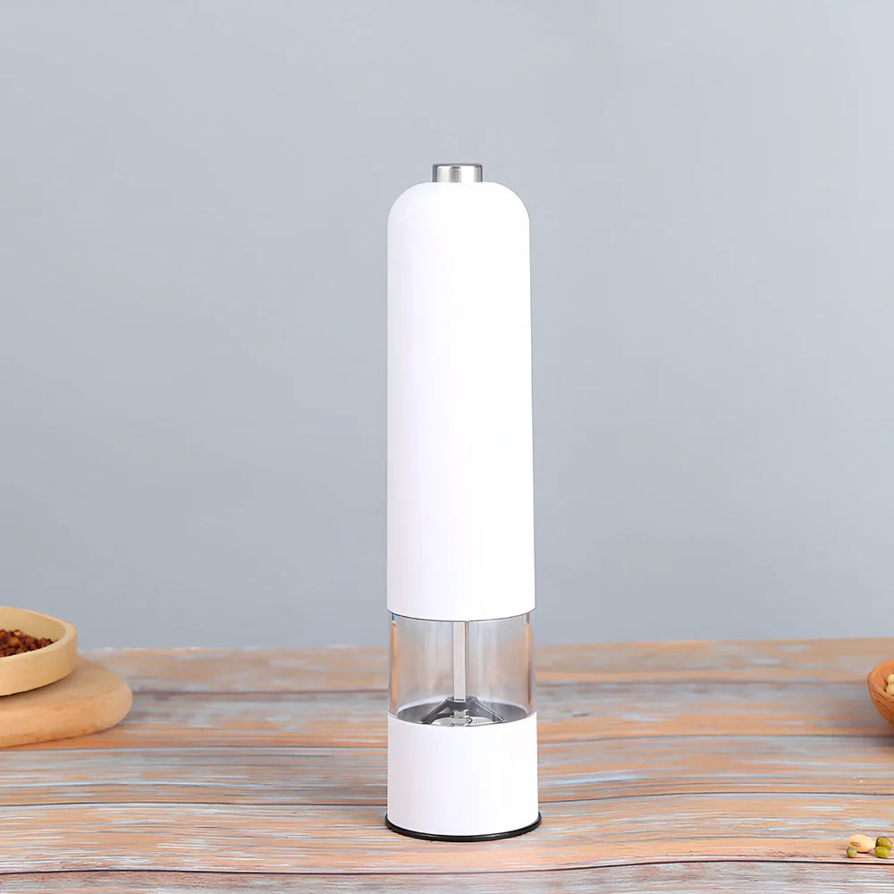 Silver stainless steel electric salt and pepper grinder with one-handed operation button